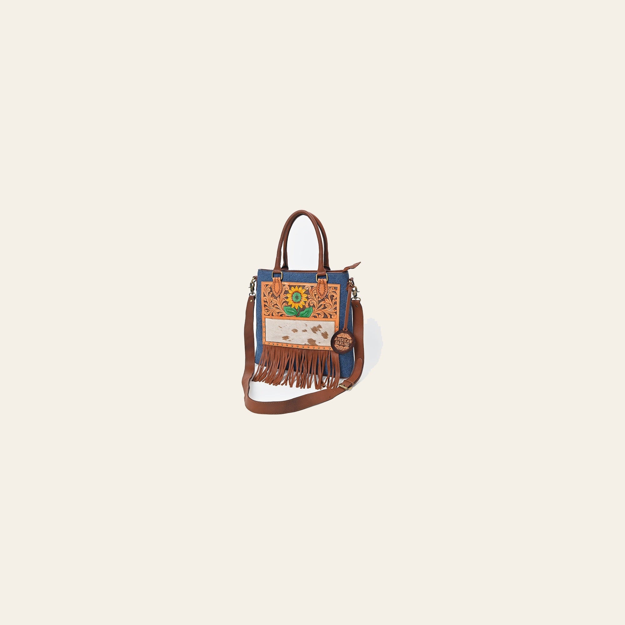 American Darling Women's  Western Tote Bag with Sunflower Tooling Patch Hair-On Hide  Fringe and Adjustable Strap