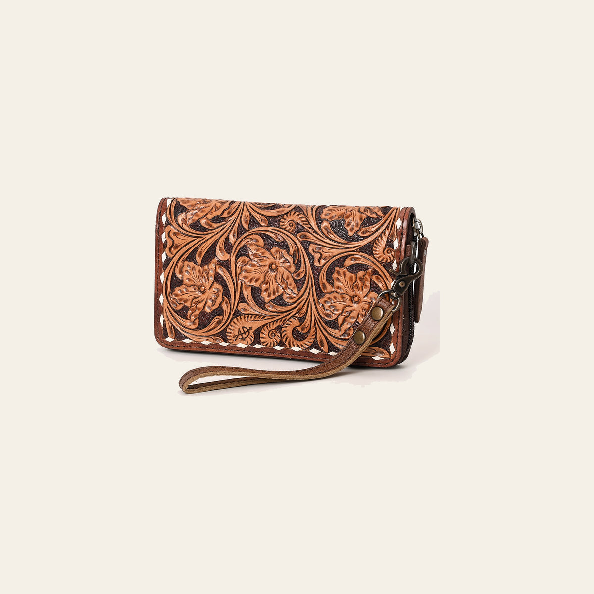 American Darling Hand-Tooled Leather Wristlet Bag with Floral Carving Buck Stitching Full-Grain Leather Interior Slots & Secure YKK Zipper