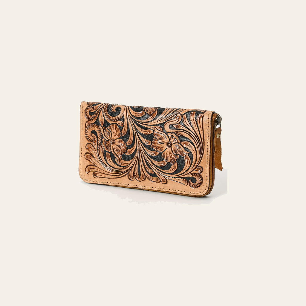 American Darling Hand Tooled Floral Carved Vegetable-Tanned Full Grain Genuine Leather Wristlet Bag with YKK Zipper