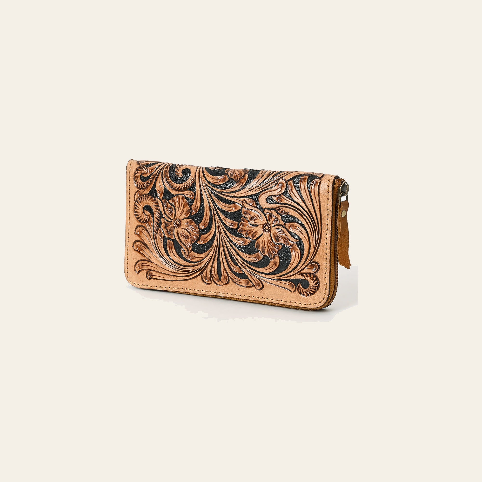 American Darling Hand Tooled Floral Carved Vegetable-Tanned Full Grain Genuine Leather Wristlet Bag with YKK Zipper
