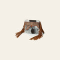 American Darling Hair-On Cowhide Wristlet Bag with Hand-Tooled Floral Carving Fringe Buck Stitching Genuine Leather Strap & Secure YKK Zipper