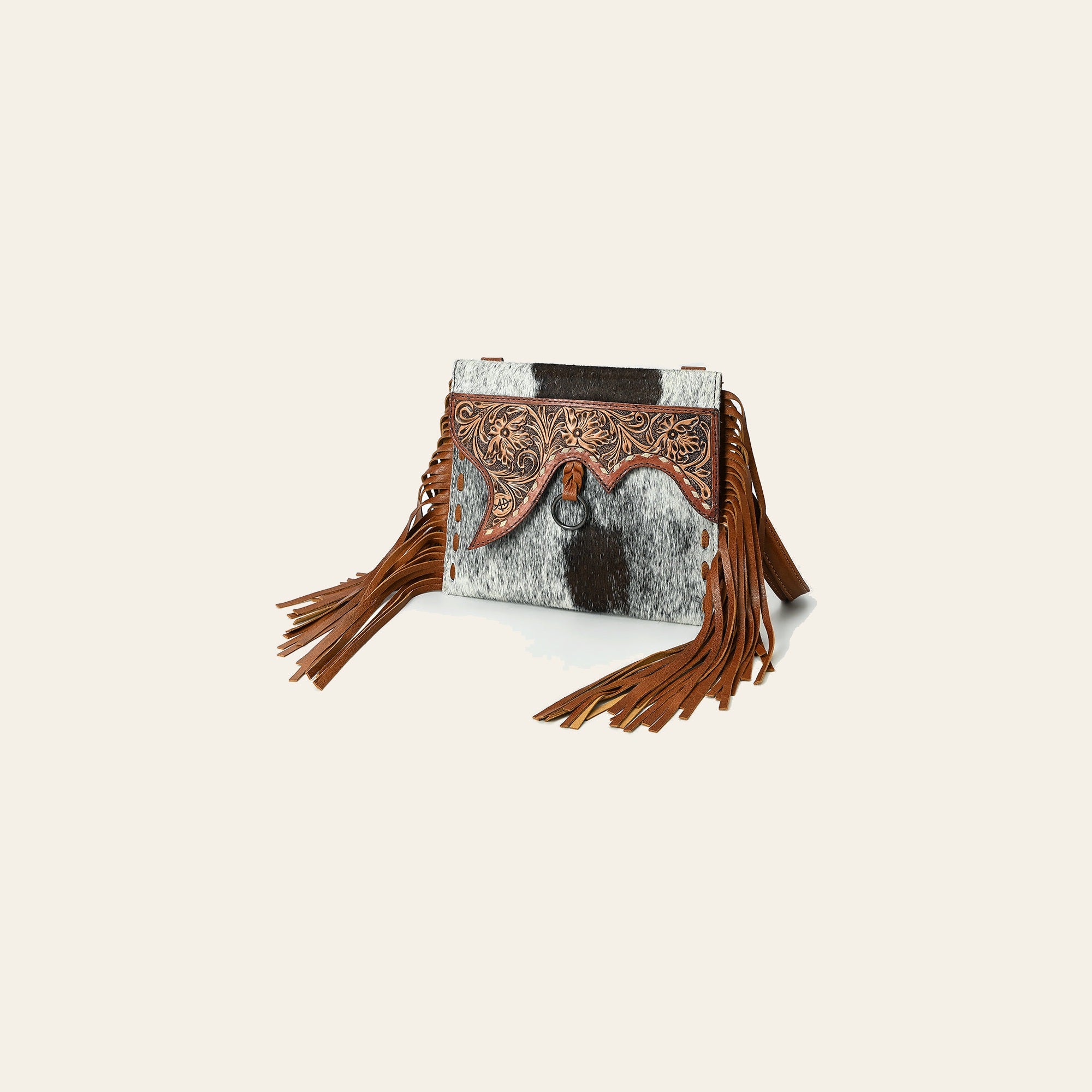 American Darling Hair-On Cowhide Wristlet Bag with Hand-Tooled Floral Carving Fringe Buck Stitching Genuine Leather Strap & Secure YKK Zipper