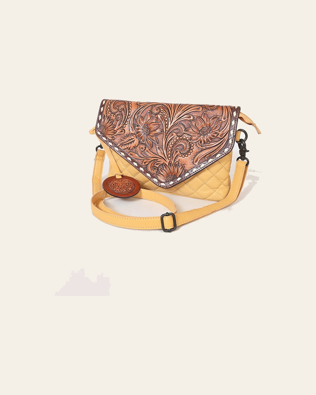American Darling Yellow Leather Quilted Hand Tooled Flap Crossbody Bag