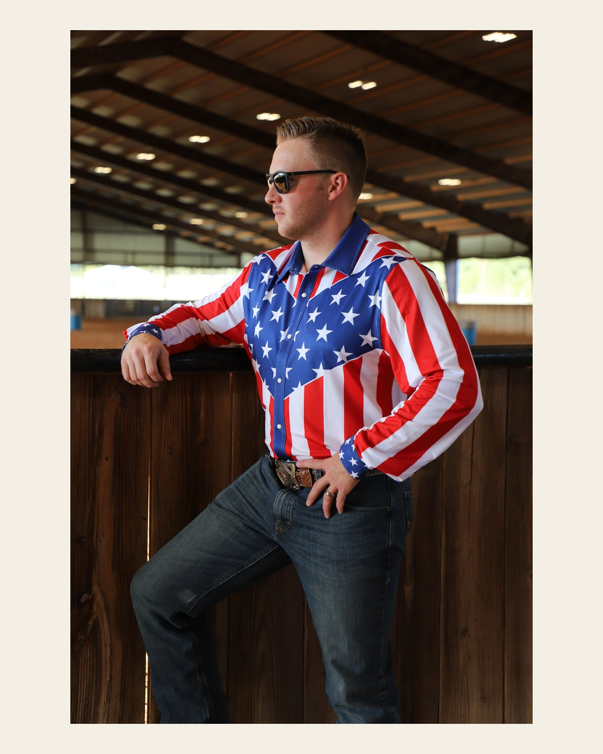 American Flag Men's Performance Rodeo Shirt on a warm cream background