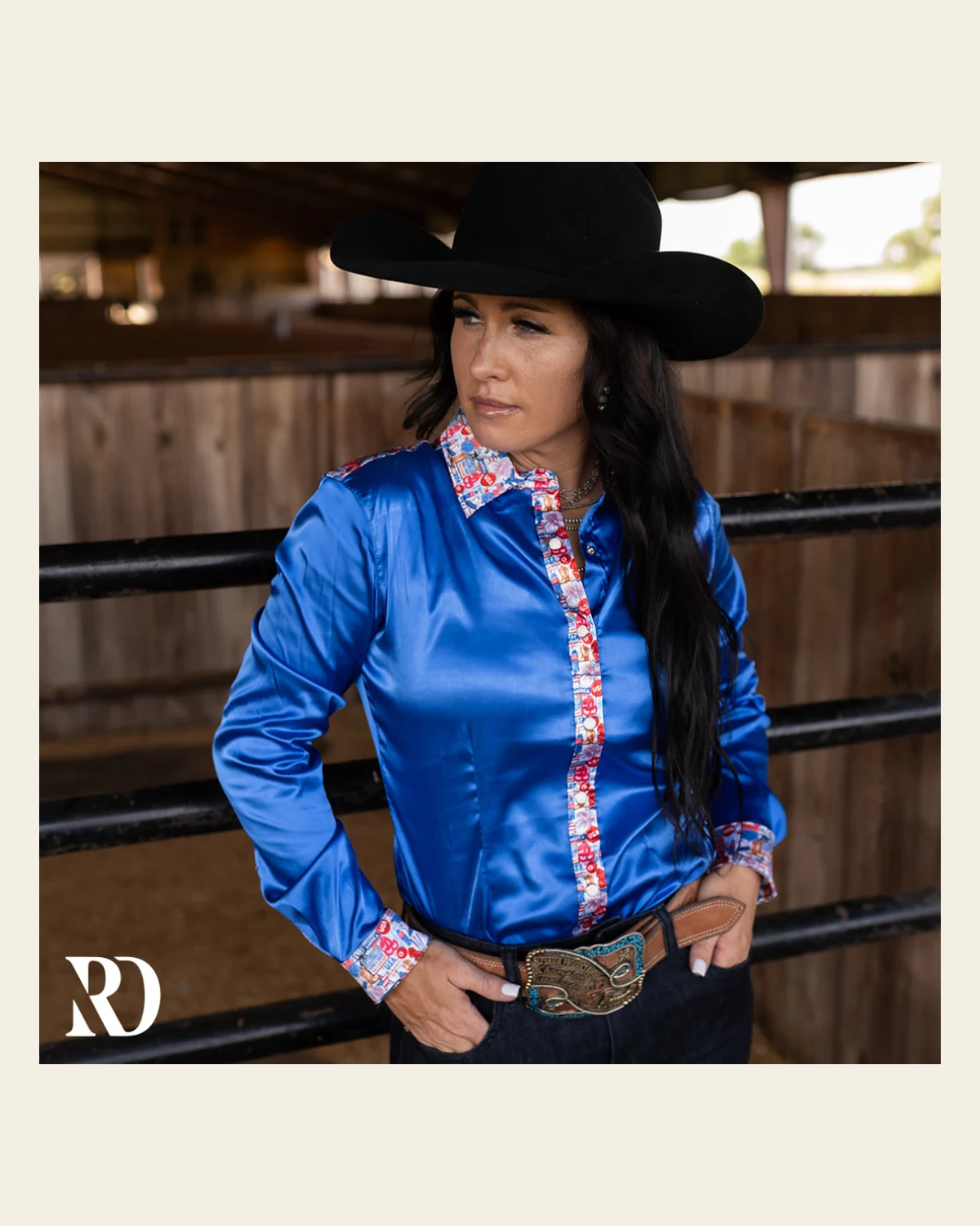 American Rodeo Satin Performance Rodeo Shirt on a warm cream background