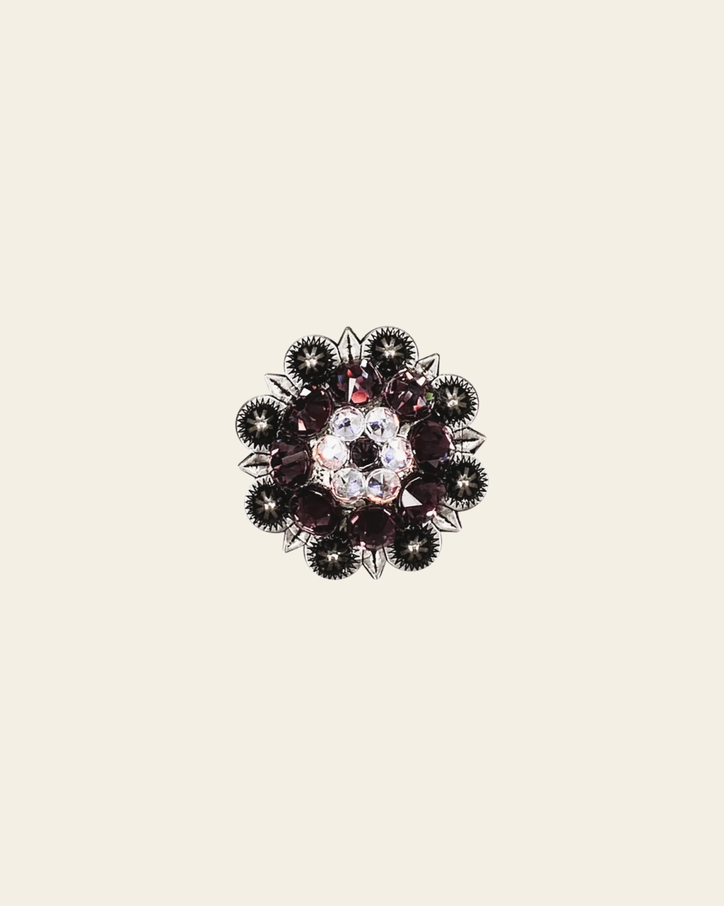 Amethyst & AB Antique Silver 1.25" European Crystal Concho on a warm cream background