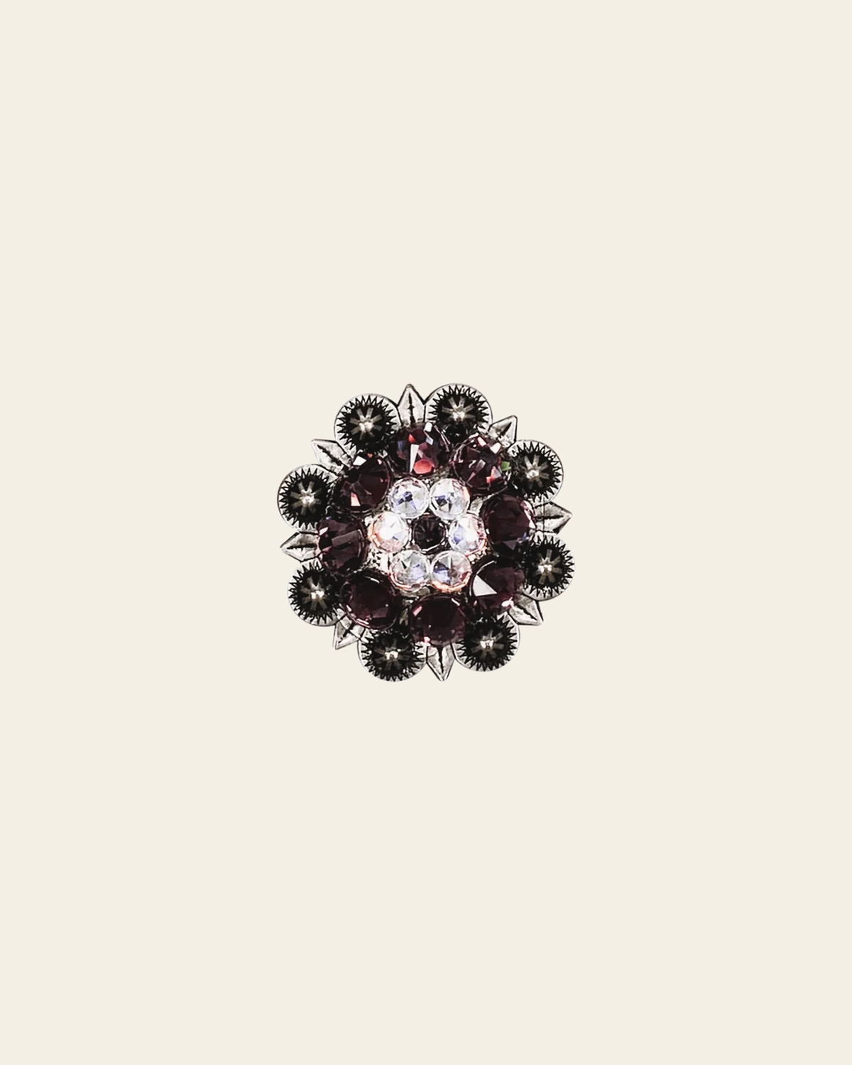 Amethyst & AB Antique Silver 1.25" European Crystal Concho on a warm cream background