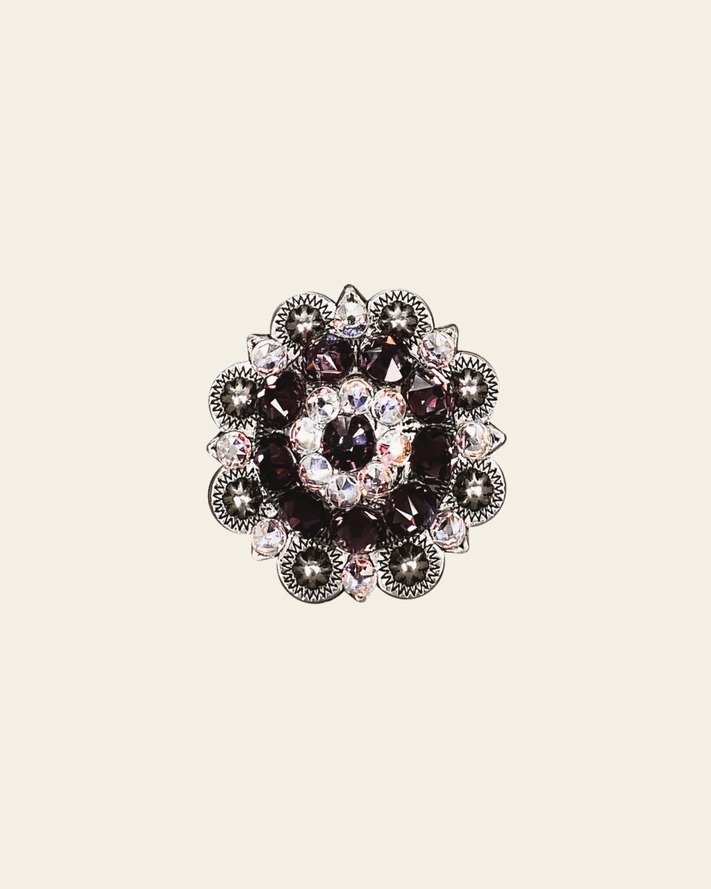 Amethyst & AB Antique Silver 1.5" European Crystal Concho on a warm cream background