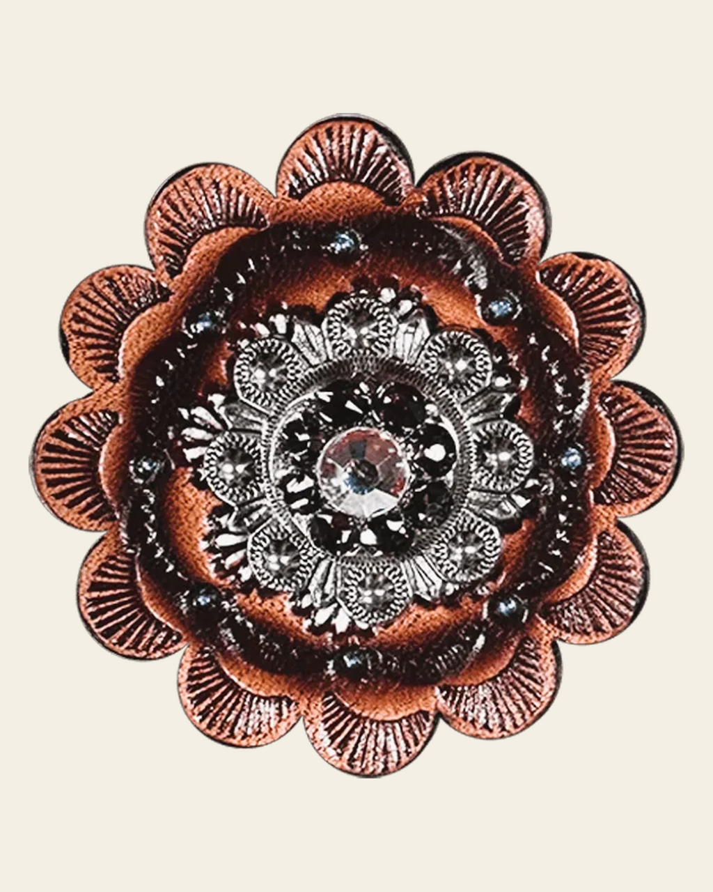 Amethyst & AB Antique Silver 1" European Crystal Concho and Leather Rosette on a warm cream background