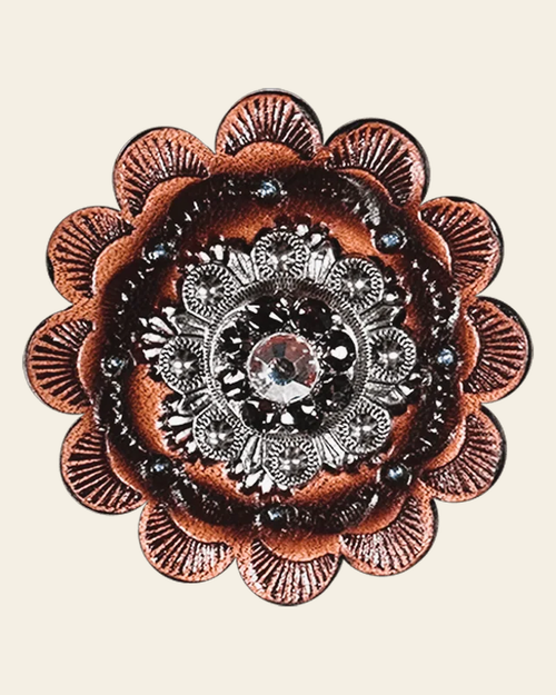 Amethyst & AB Antique Silver 1" European Crystal Concho and Leather Rosette on a warm cream background