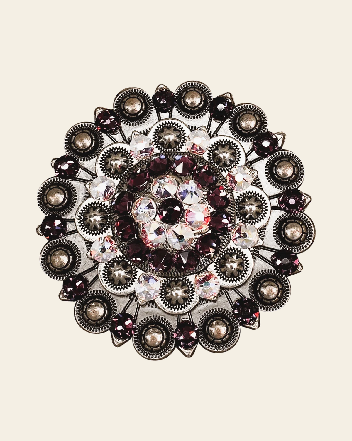 Amethyst & AB Antique Silver Berry Jacket European Crystal Concho on a warm cream background