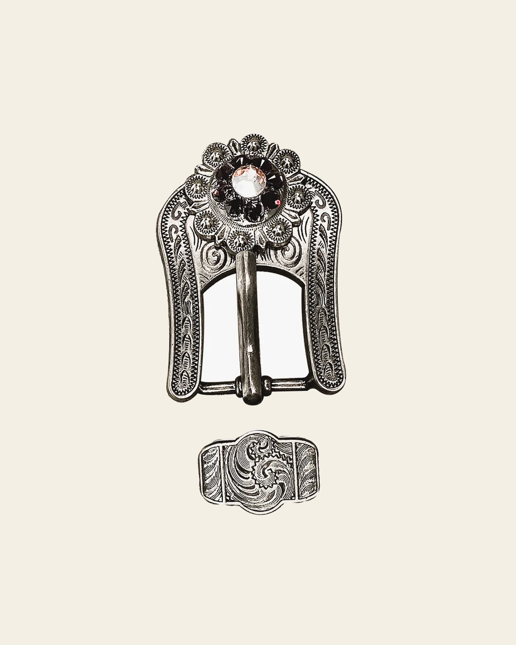 Amethyst & AB Antique Silver European Crystal Buckle Keeper Set on a warm cream background