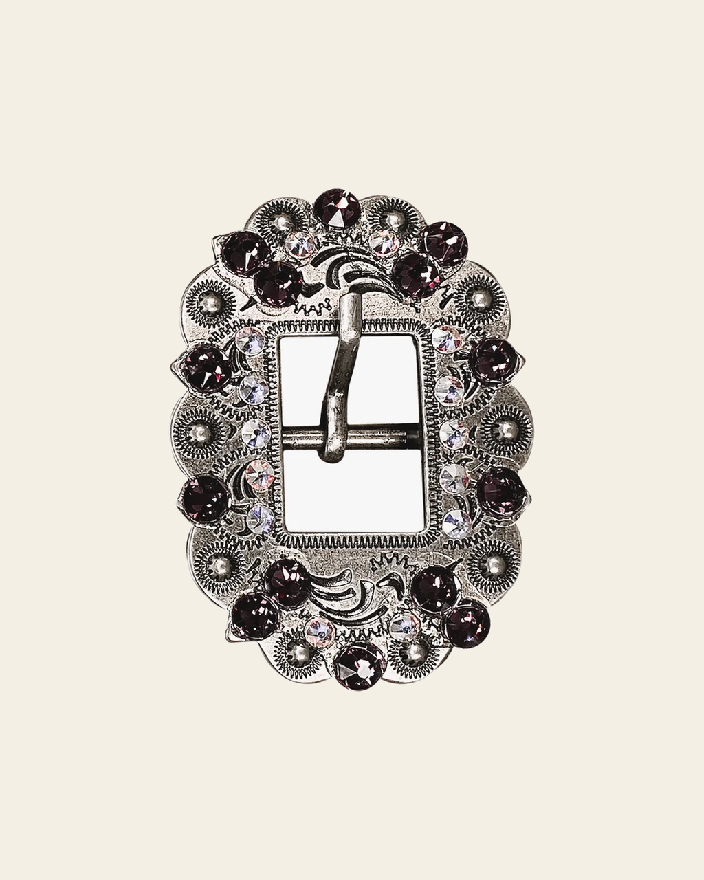 Amethyst & AB Antique Silver European Crystal Cart Buckle on a warm cream background
