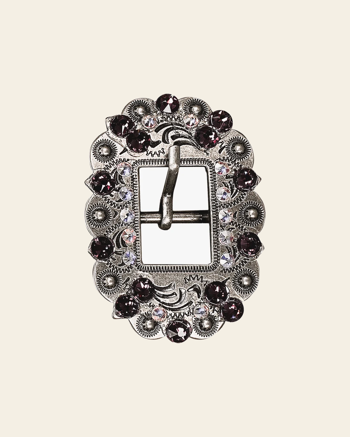 Amethyst & AB Antique Silver European Crystal Cart Buckle on a warm cream background