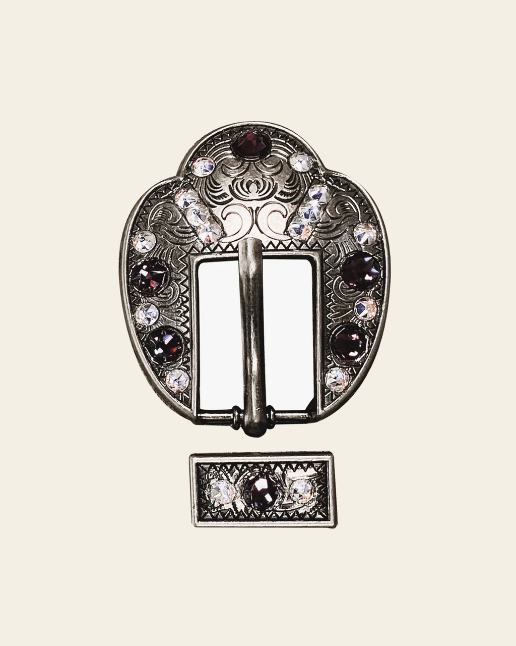 Amethyst & AB Antique Silver European Crystal Fancy Buckle on a warm cream background
