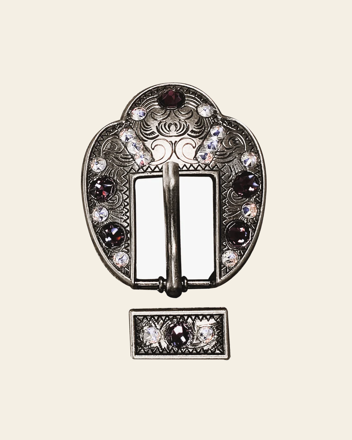 Amethyst & AB Antique Silver European Crystal Fancy Buckle on a warm cream background