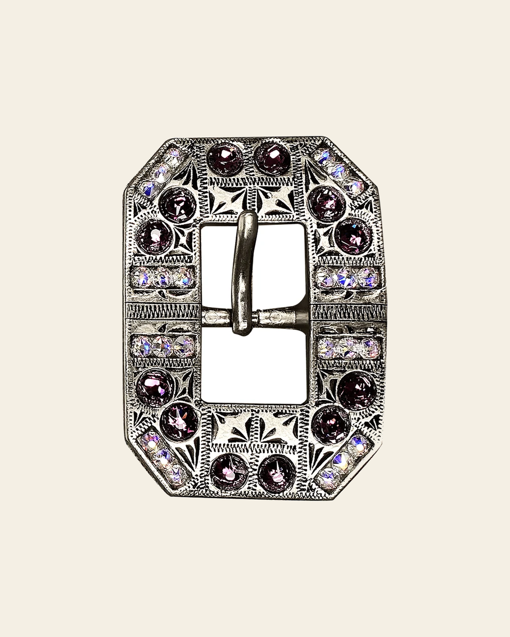 Amethyst & AB Antique Silver European Crystal Square Cart Buckle on a warm cream background
