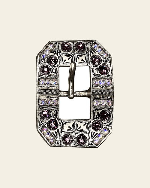 Amethyst & AB Antique Silver European Crystal Square Cart Buckle on a warm cream background
