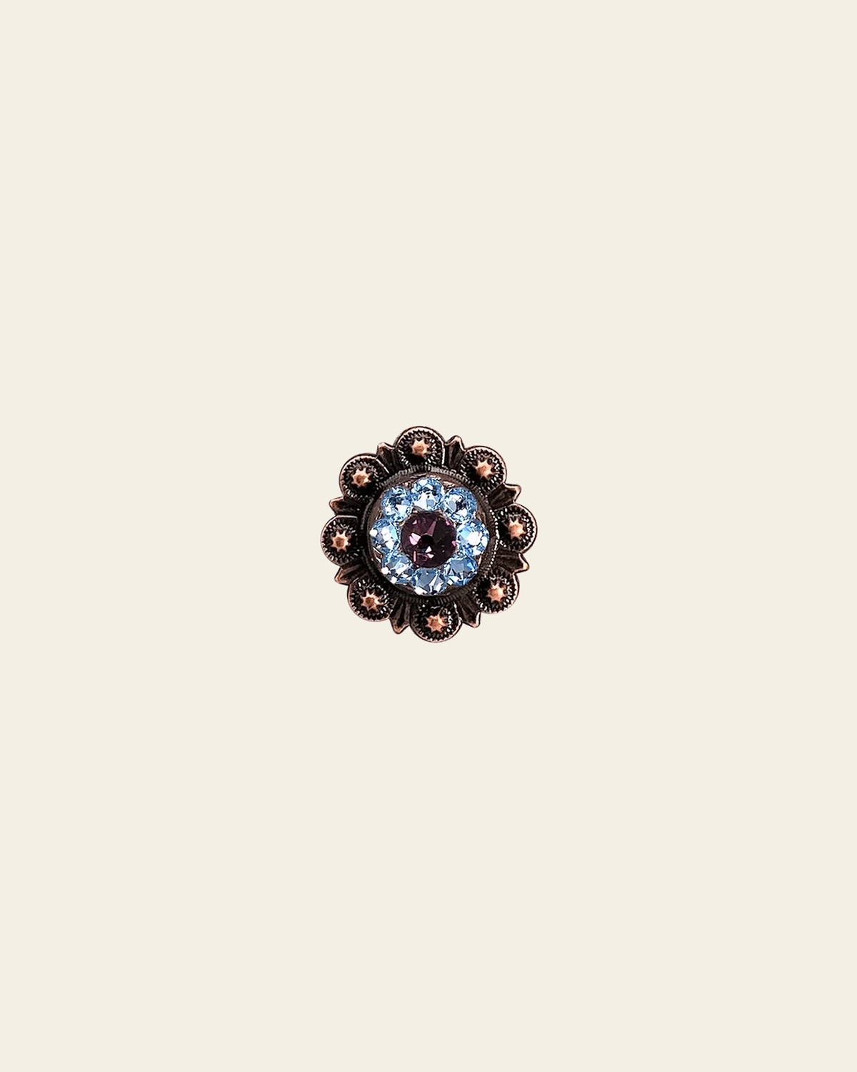 Amethyst & Aqua Copper 1" European Crystal Concho on a warm cream background
