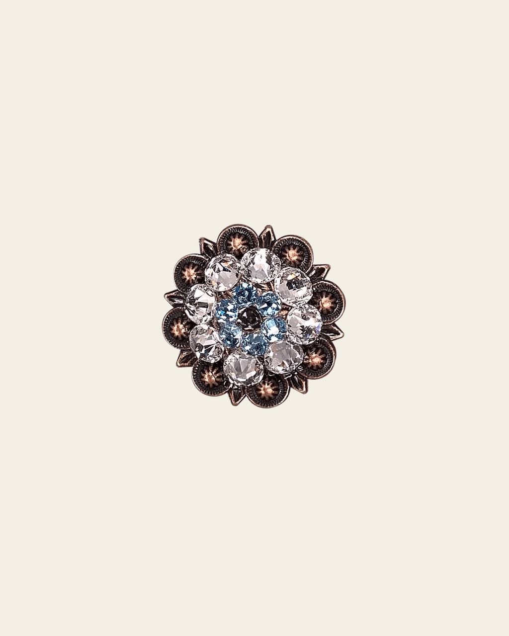 Amethyst, Aqua & Clear Copper 1.25" European Crystal Concho on a warm cream background