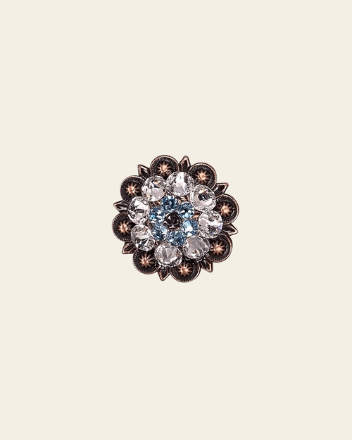 Amethyst, Aqua & Clear Copper 1.25" European Crystal Concho on a warm cream background
