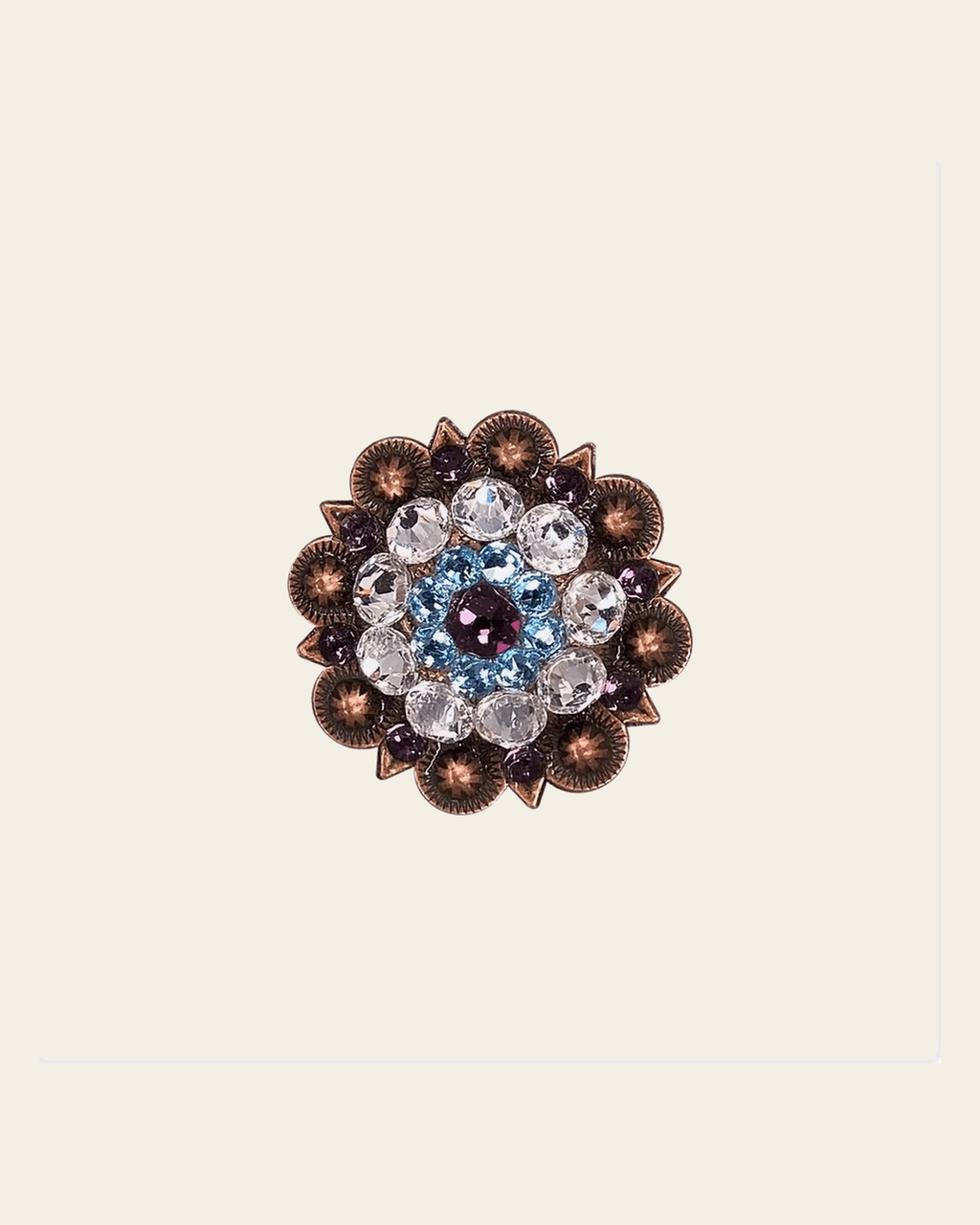 Amethyst, Aqua & Clear Copper 1.5" European Crystal Concho on a warm cream background