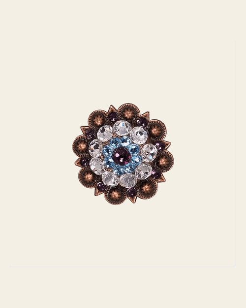 Amethyst, Aqua & Clear Copper 1.5" European Crystal Concho on a warm cream background