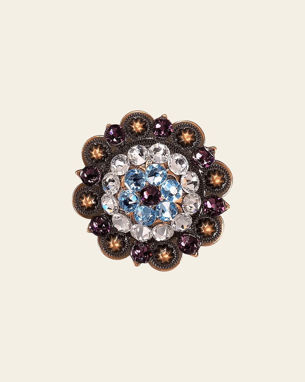 Amethyst, Aqua & Clear Copper 2" European Crystal Concho on a warm cream background