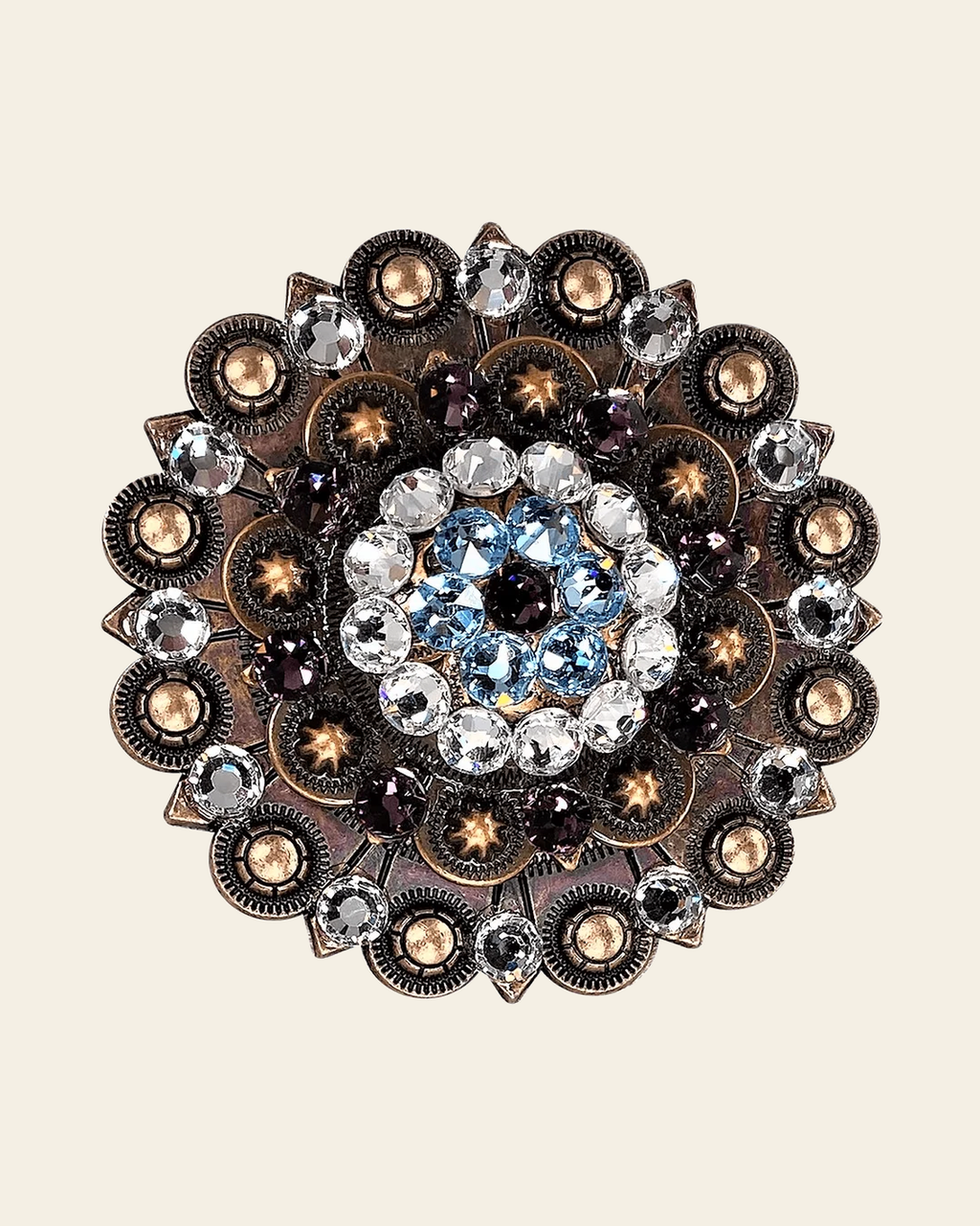 Amethyst, Aqua & Clear Copper Berry Jacket European Crystal Concho on a warm cream background