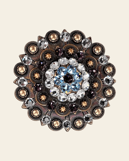 Amethyst, Aqua & Clear Copper Berry Jacket European Crystal Concho on a warm cream background