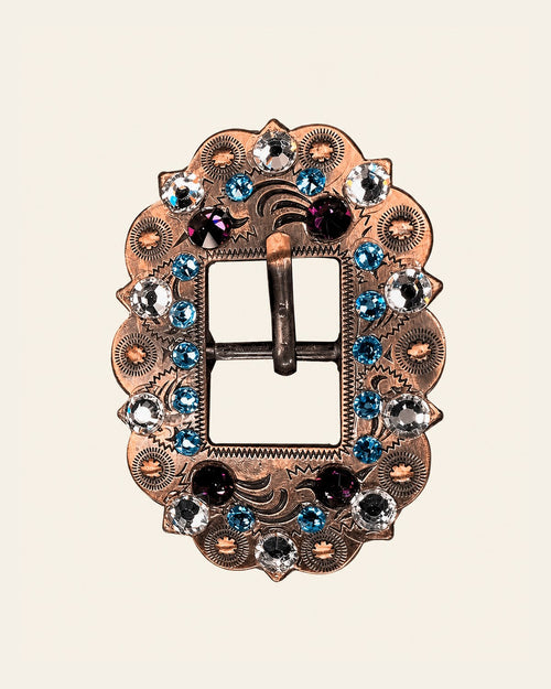 Amethyst, Aqua & Clear Copper European Crystal Cart Buckle on a warm cream background