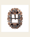 Amethyst, Aqua & Clear Copper European Crystal Cart Buckle on a warm cream background