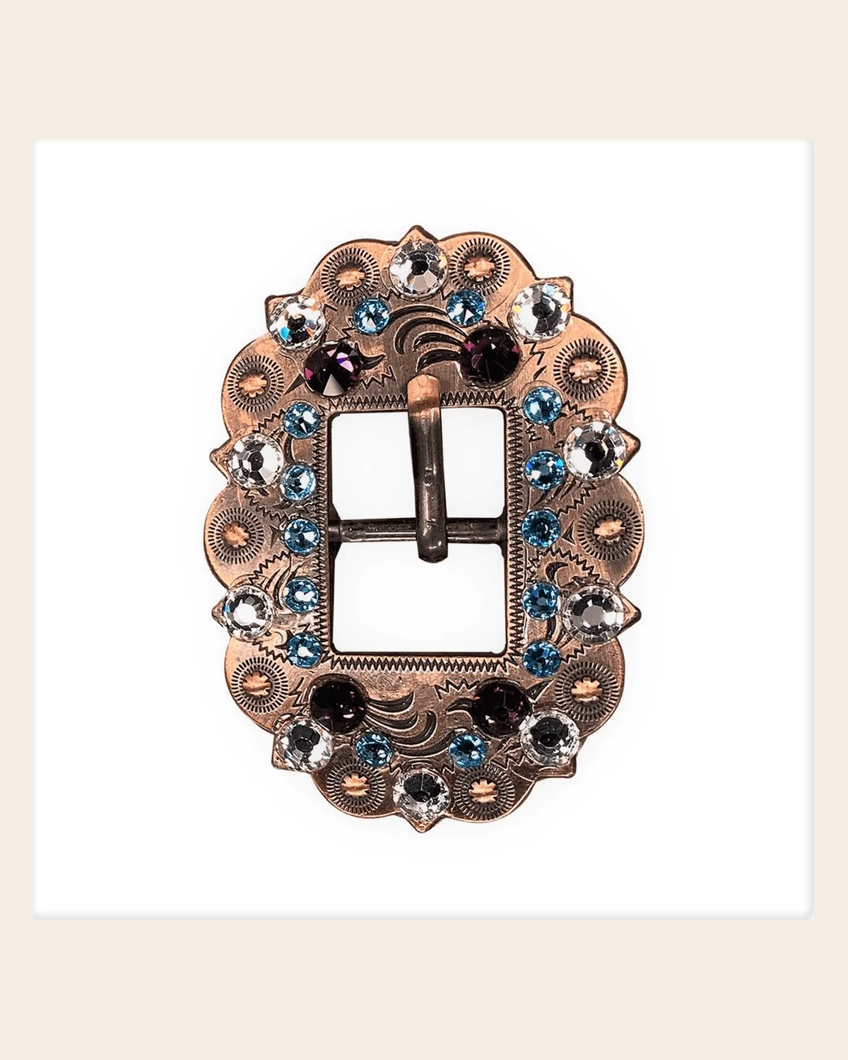 Amethyst, Aqua & Clear Copper European Crystal Cart Buckle on a warm cream background