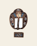 Amethyst, Aqua & Clear Copper European Crystal Fancy Buckle on a warm cream background
