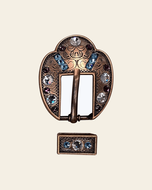 Amethyst, Aqua & Clear Copper European Crystal Fancy Buckle on a warm cream background