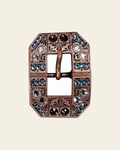 Amethyst, Aqua & Clear Copper European Crystal Square Cart Buckle on a warm cream background