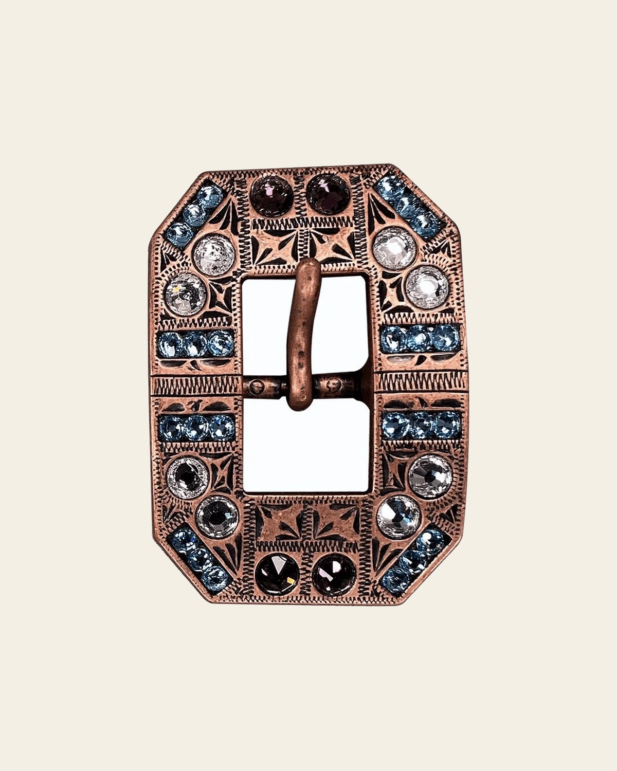 Amethyst, Aqua & Clear Copper European Crystal Square Cart Buckle on a warm cream background