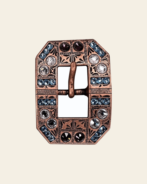Amethyst, Aqua & Clear Copper European Crystal Square Cart Buckle on a warm cream background