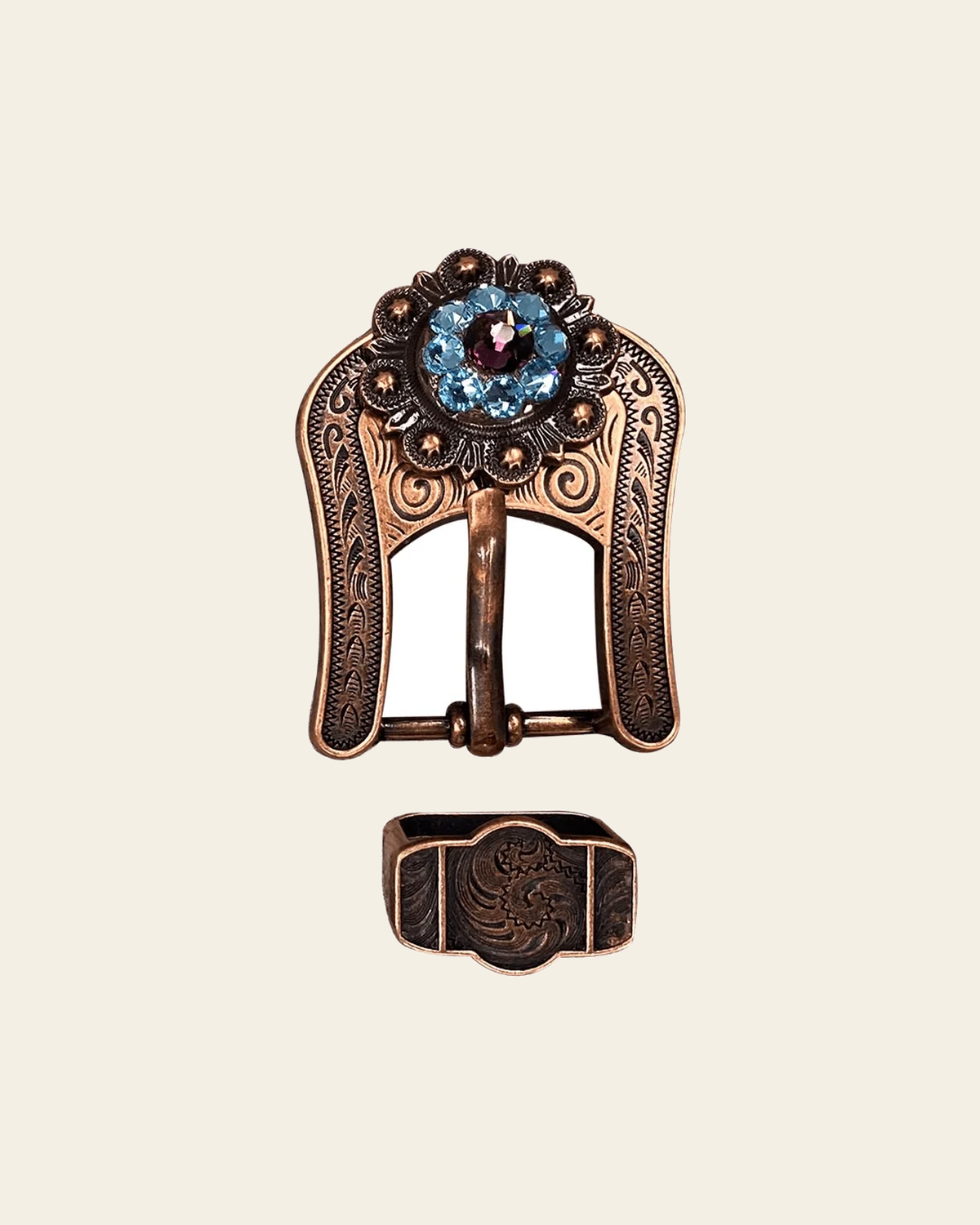 Amethyst & Aqua Copper Buckle Keeper European Crystal Concho on a warm cream background
