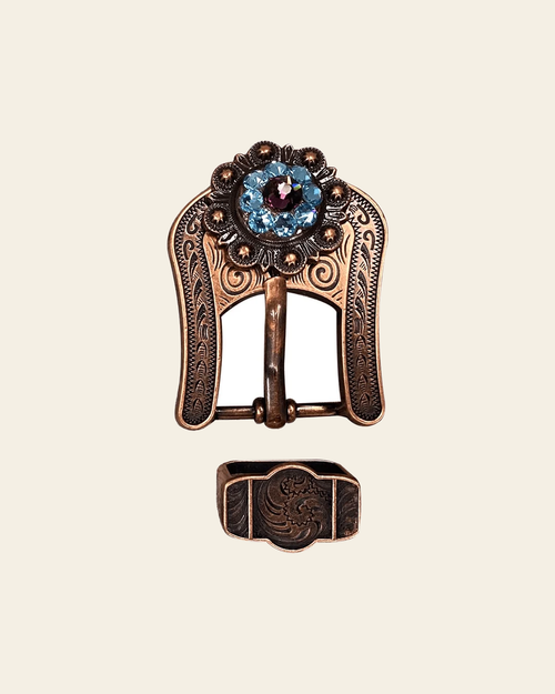 Amethyst & Aqua Copper Buckle Keeper European Crystal Concho on a warm cream background
