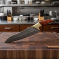 13" Overall Damascus Gyuto Chef Knife – Red Pakka Wood Handle and Brass Bolster
