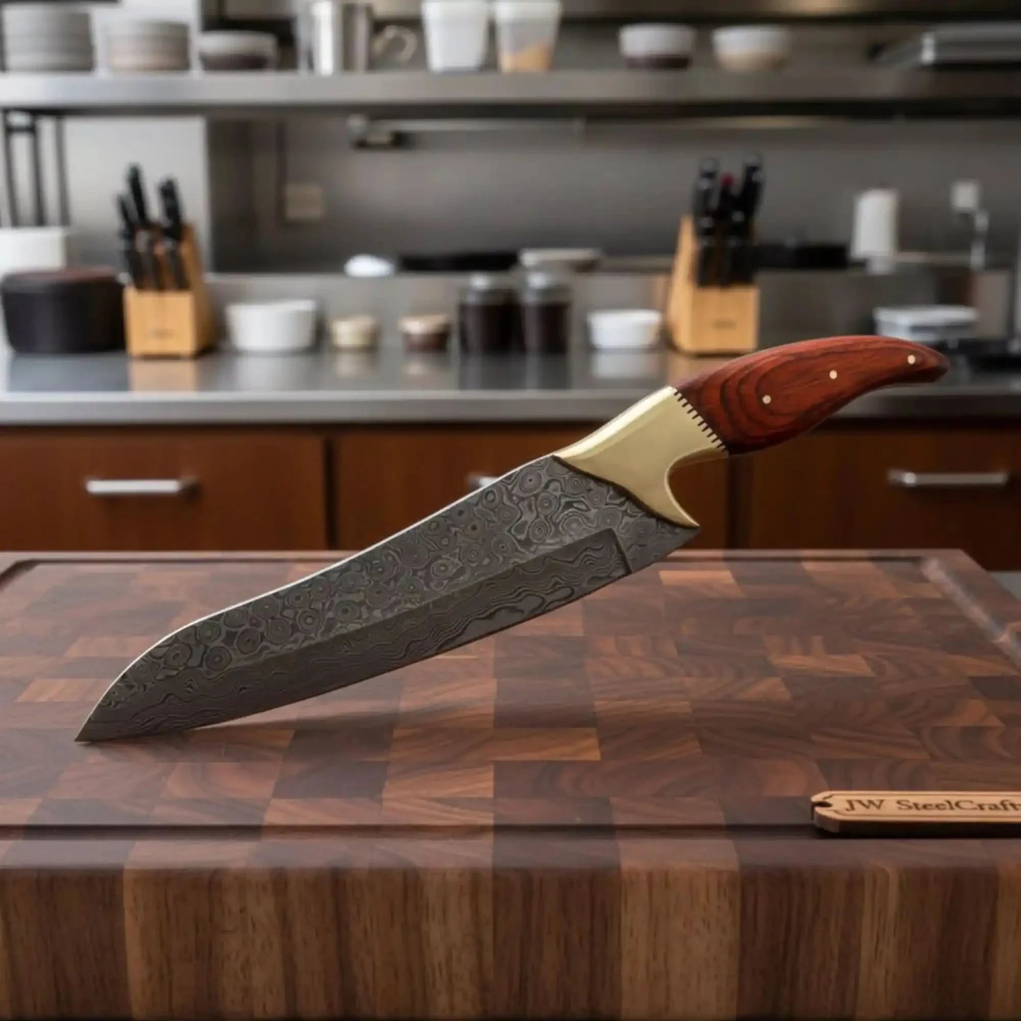 13" Overall Damascus Gyuto Chef Knife – Red Pakka Wood Handle and Brass Bolster