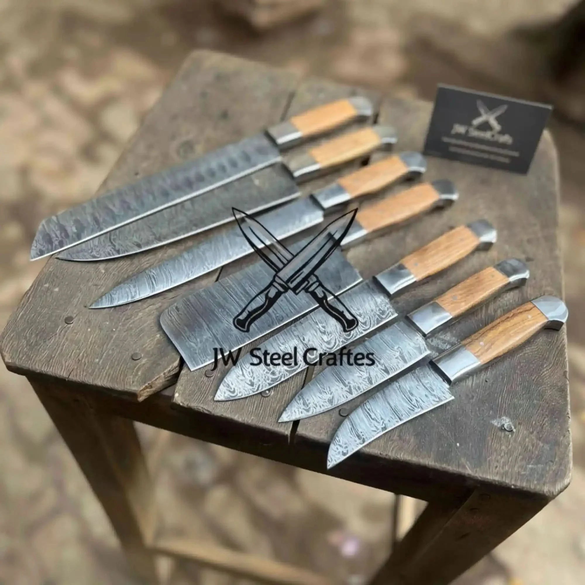 Hand Forged 7-Piece Damascus Chef Knife Set — Natural Wood Handles