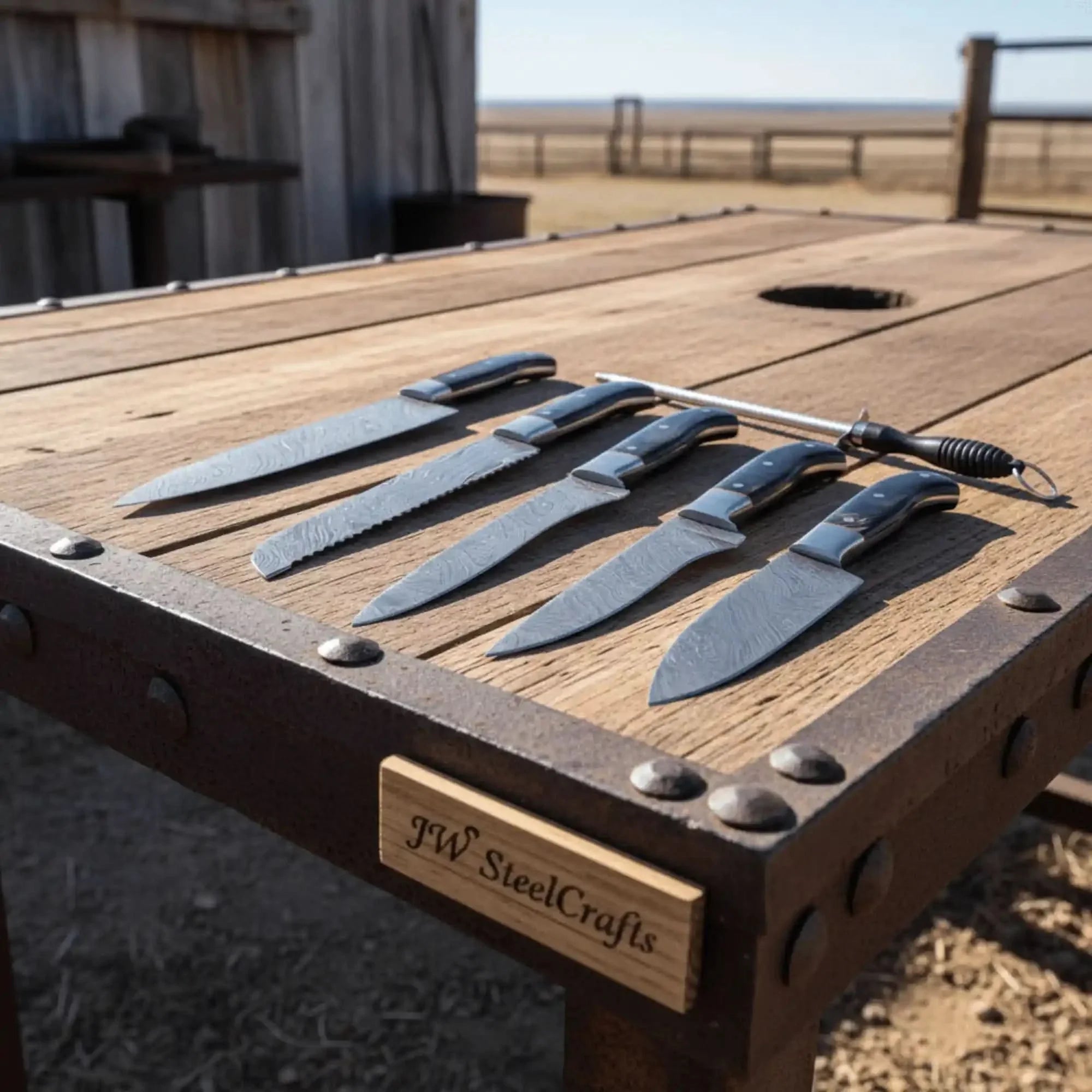 5-Piece Damascus Knife Set with Honing Rod and Black Handles