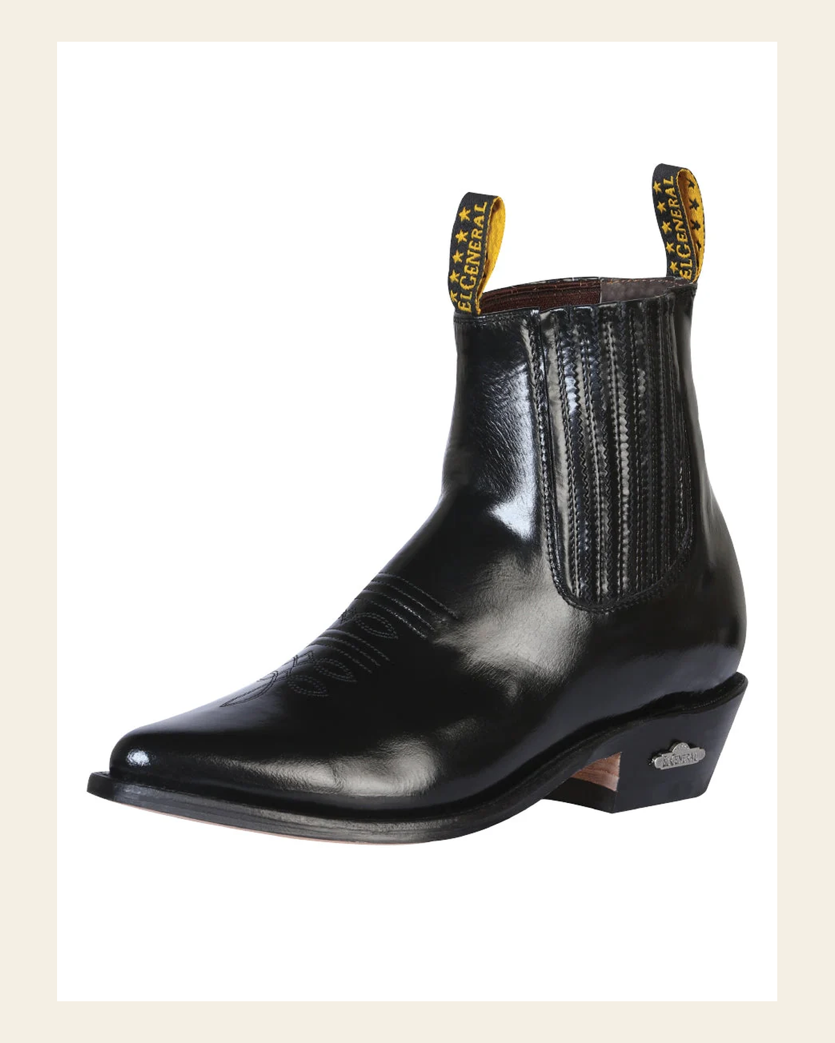 El General Men's Leather Pointed Toe Cowboy Ankle Boot - Made in Mexico - Chameleon Black 181 on a warm cream background