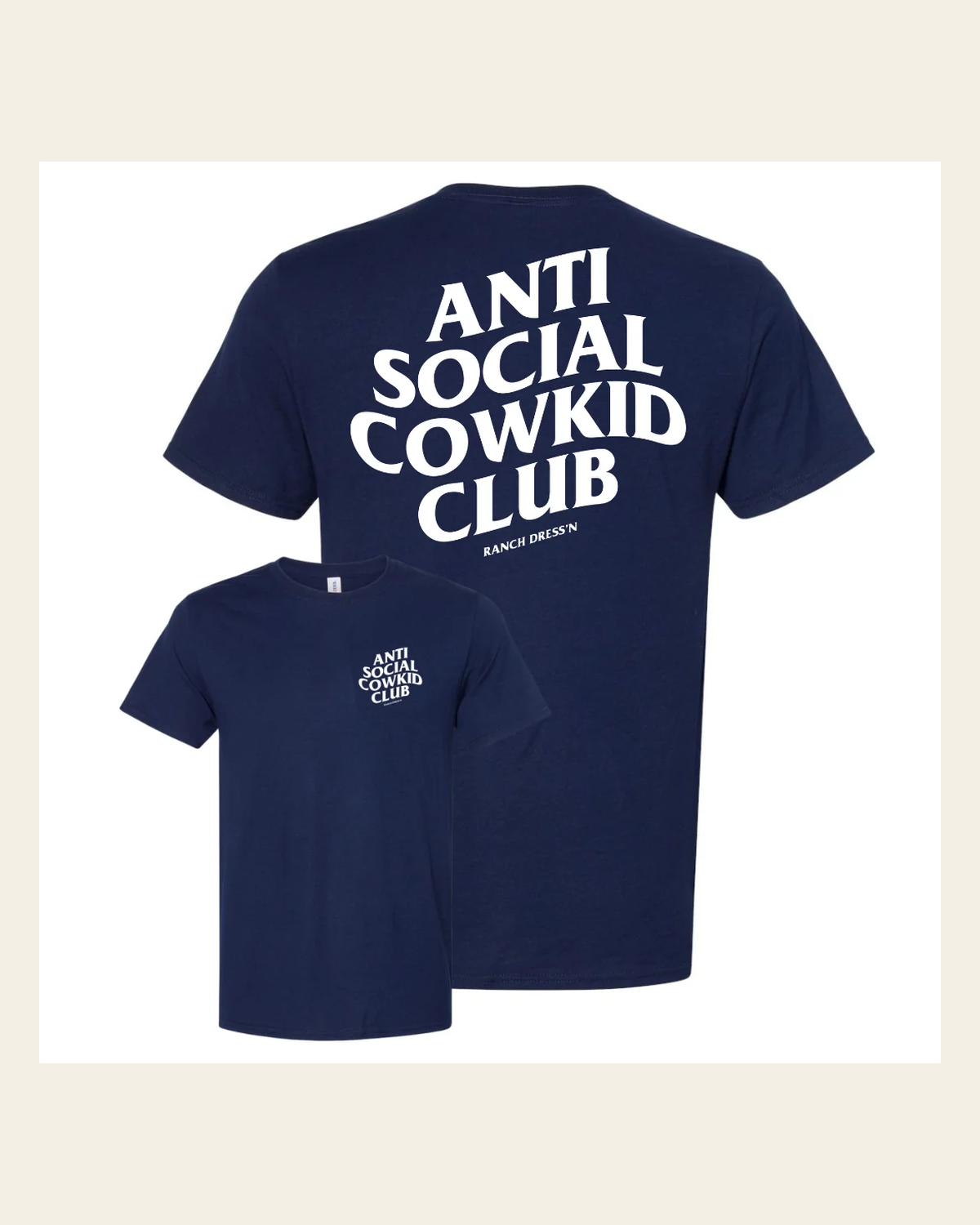 Anti Social Cowkid Club Navy Tee on a warm cream background