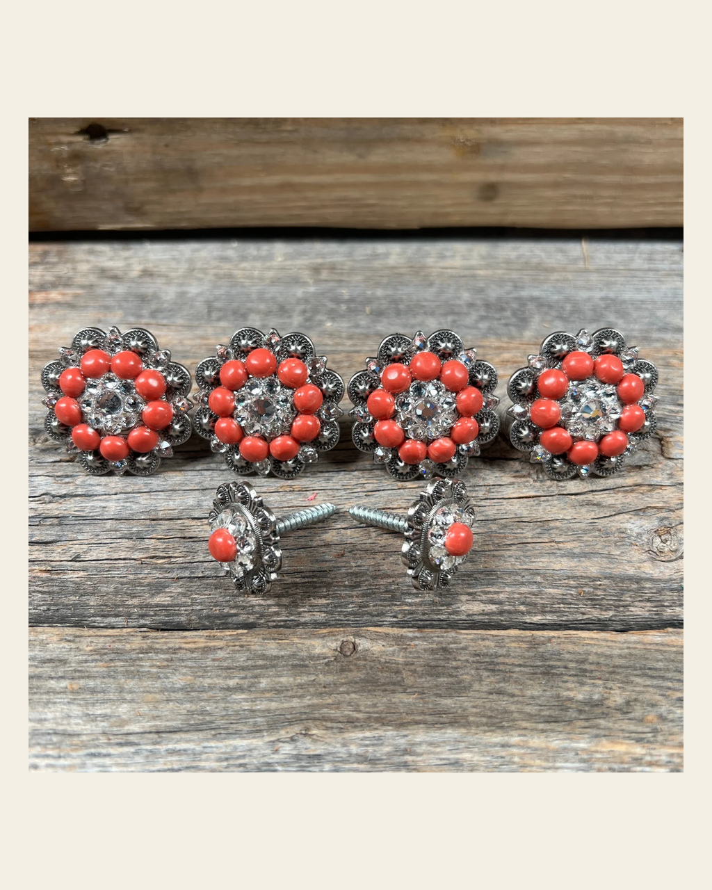 Antique Silver Fashion Coral and Clear Saddle Conchos on a warm cream background