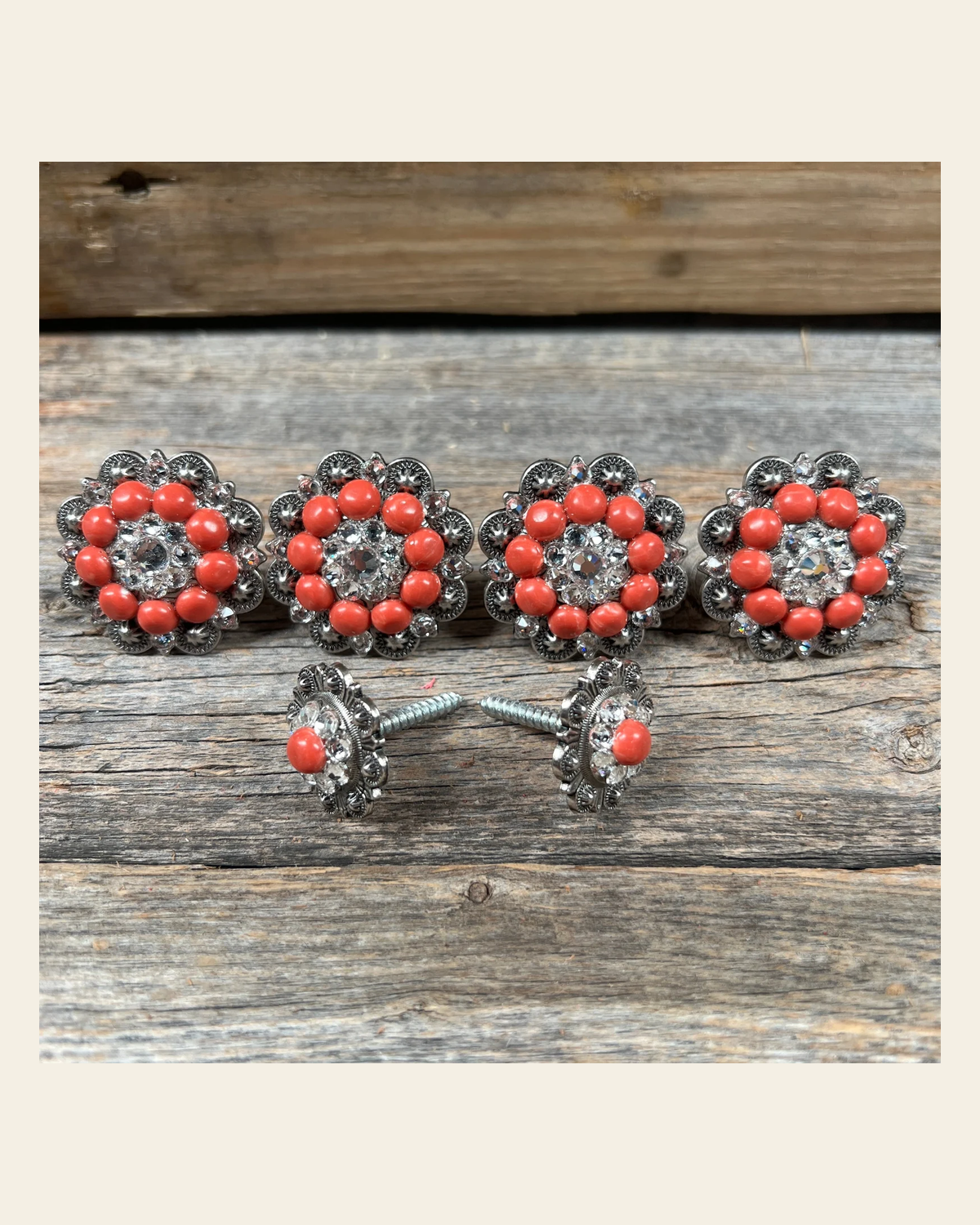 Antique Silver Fashion Coral and Clear Saddle Conchos on a warm cream background