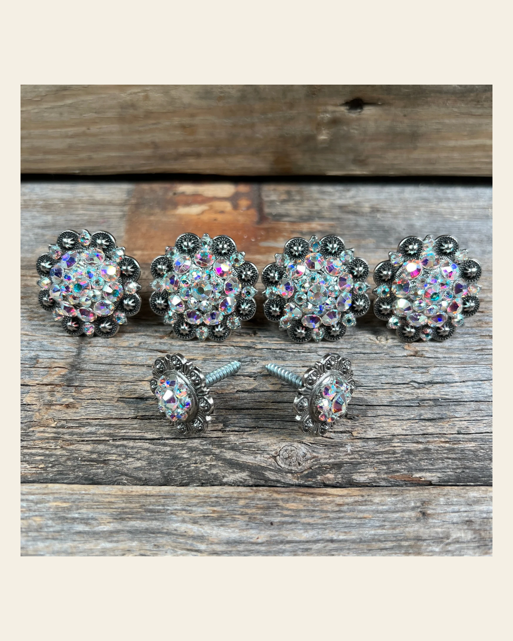 Antique Silver AB Saddle Conchos on a warm cream background