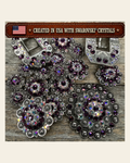 Antique Silver Amethyst - AB Crystal Conchos | Sizes 1"- 3" | Buckles | Saddle Set | Leather Rosettes | Slide on a warm cream background